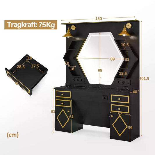 BP Friseurplatz mit 4 Schubladen Schminktisch mit Spiegel Bedienungsplatz mit 6 Ablagen & 2 Schränken Spiegelschrank mit Beleuchtung Spiegeltisch Friseureinrichtung J3158 (Schwarz-Gold)