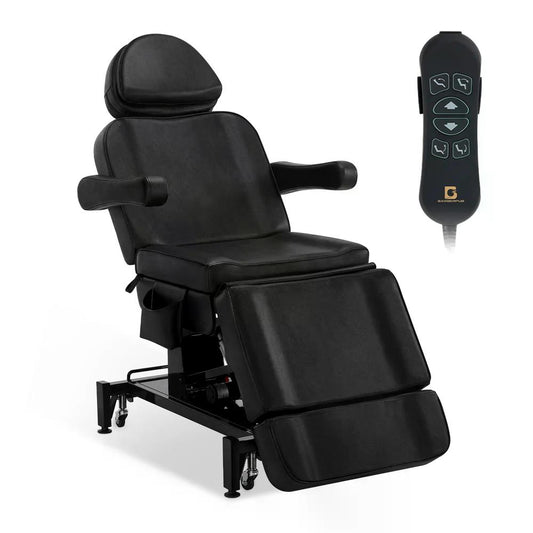 BP Kosmetikliege Elektrisch mit 3 Motoren & Rollen Massageliege Klappbar & 18CM Höhenverstellbar 180°Drehbare Armlehnen Tattoo Liege für SPA Salon 0754 Schwarz
