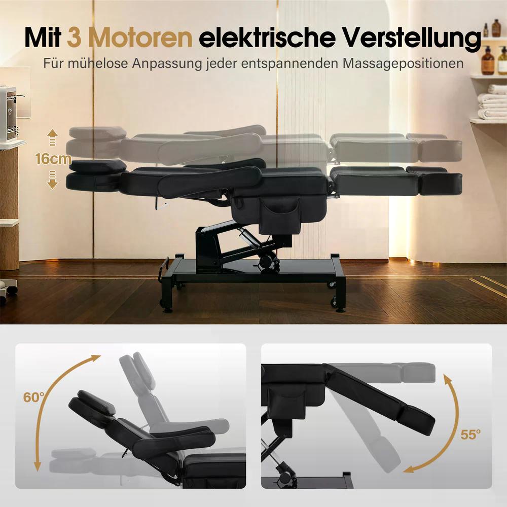 BP Kosmetikliege Elektrisch mit 3 Motoren & Rollen Massageliege Klappbar & 18CM Höhenverstellbar 180°Drehbare Armlehnen Tattoo Liege für SPA Salon 0754 Schwarz