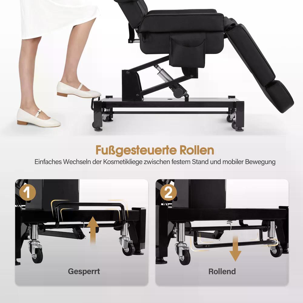 BP Kosmetikliege Elektrisch mit 3 Motoren & Rollen Massageliege Klappbar & 18CM Höhenverstellbar 180°Drehbare Armlehnen Tattoo Liege für SPA Salon 0754 Schwarz