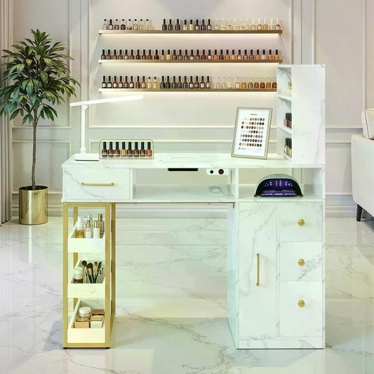 BP Manikürtisch mit 4 Schubladen 2 Regalen 5 Ablagen & 1 Auszugsschrank Nageltisch mit Absaugung 2 Staubsaugerbeuteln Nagelstudio Tisch für Beautysalon Marmor-Weiß Gold 2439