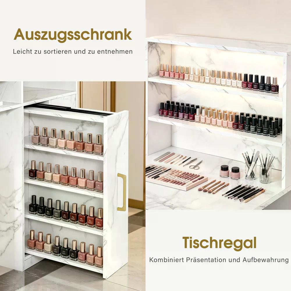 BP Manikürtisch mit 4 Schubladen 2 Regalen 5 Ablagen & 1 Auszugsschrank Nageltisch mit Absaugung 2 Staubsaugerbeuteln Nagelstudio Tisch für Beautysalon Marmor-Weiß Gold 2439