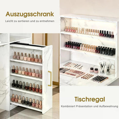BP Manikürtisch mit 4 Schubladen 2 Regalen 5 Ablagen & 1 Auszugsschrank Nageltisch mit Absaugung 2 Staubsaugerbeuteln Nagelstudio Tisch für Beautysalon Marmor-Weiß Gold 2439