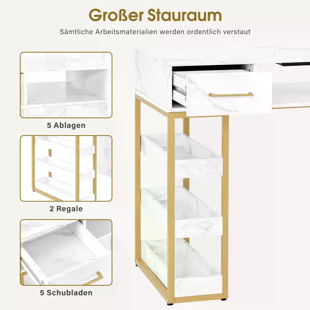 BP Manikürtisch mit 4 Schubladen 2 Regalen 5 Ablagen & 1 Auszugsschrank Nageltisch mit Absaugung 2 Staubsaugerbeuteln Nagelstudio Tisch für Beautysalon Marmor-Weiß Gold 2439