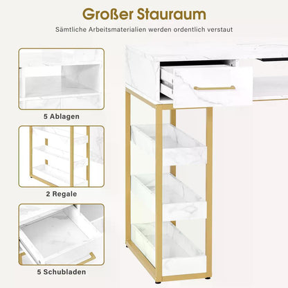 BP Manikürtisch mit 4 Schubladen 2 Regalen 5 Ablagen & 1 Auszugsschrank Nageltisch mit Absaugung 2 Staubsaugerbeuteln Nagelstudio Tisch für Beautysalon Marmor-Weiß Gold 2439