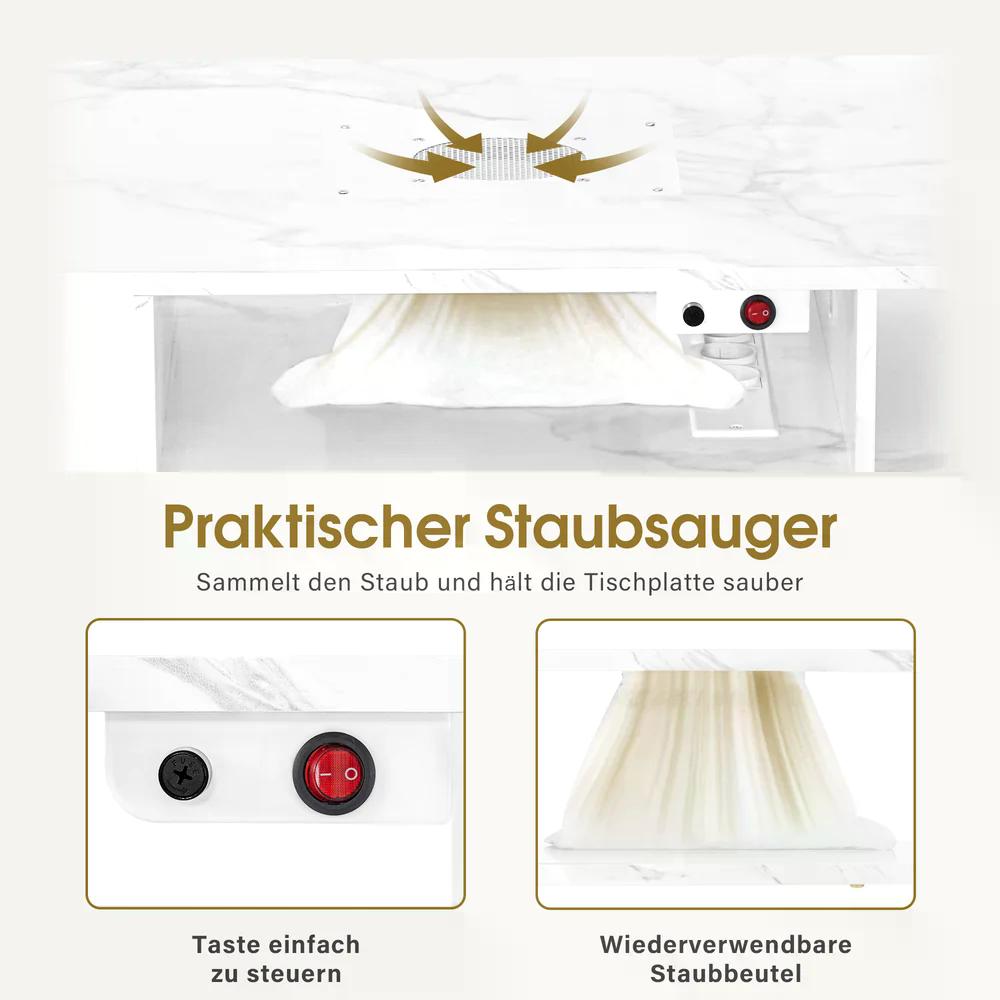 BP Manikürtisch mit 4 Schubladen 2 Regalen 5 Ablagen & 1 Auszugsschrank Nageltisch mit Absaugung 2 Staubsaugerbeuteln Nagelstudio Tisch für Beautysalon Marmor-Weiß Gold 2439