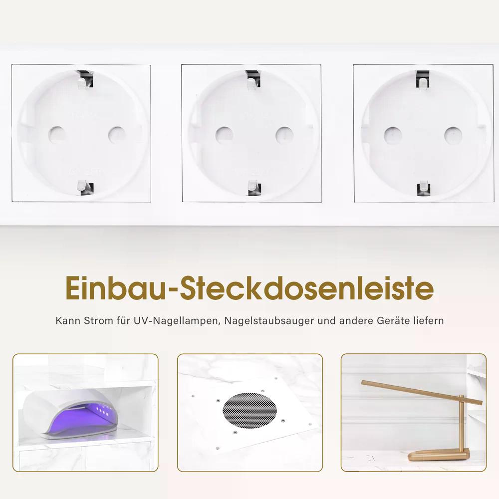 BP Manikürtisch mit 4 Schubladen 2 Regalen 5 Ablagen & 1 Auszugsschrank Nageltisch mit Absaugung 2 Staubsaugerbeuteln Nagelstudio Tisch für Beautysalon Marmor-Weiß Gold 2439