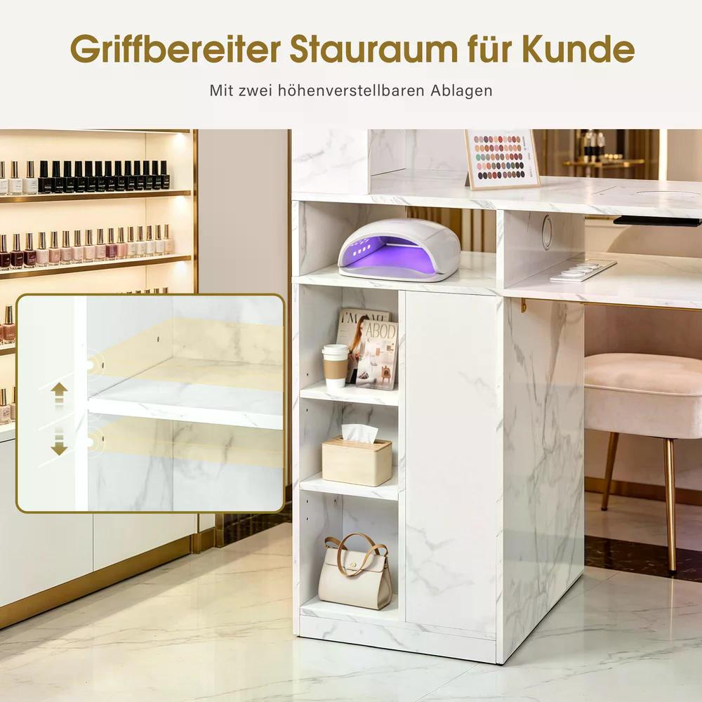 BP Manikürtisch mit 4 Schubladen 2 Regalen 5 Ablagen & 1 Auszugsschrank Nageltisch mit Absaugung 2 Staubsaugerbeuteln Nagelstudio Tisch für Beautysalon Marmor-Weiß Gold 2439