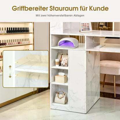 BP Manikürtisch mit 4 Schubladen 2 Regalen 5 Ablagen & 1 Auszugsschrank Nageltisch mit Absaugung 2 Staubsaugerbeuteln Nagelstudio Tisch für Beautysalon Marmor-Weiß Gold 2439