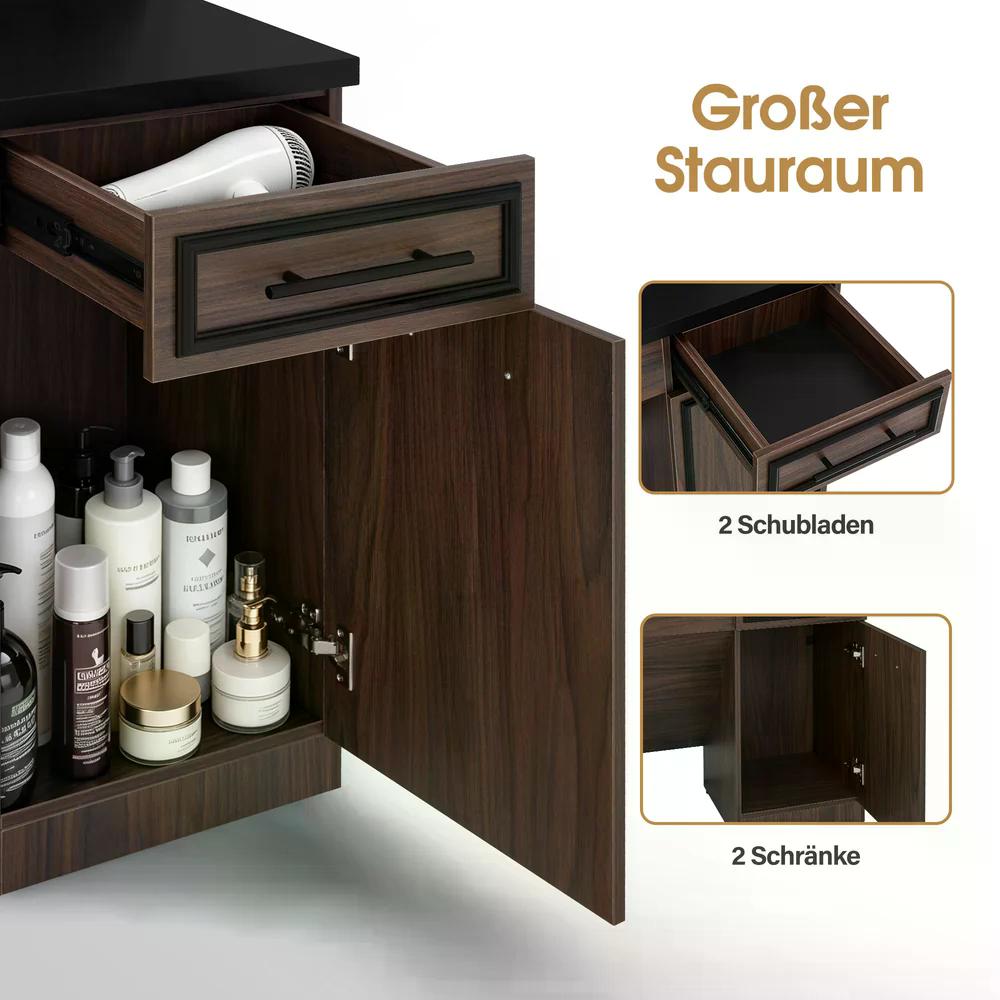 BP Friseurplatz mit 2 Schubladen Schminktisch mit Spiegel Bedienungsplatz mit 6 Ablagen & 2 Schränken Spiegelschrank mit Beleuchtung Spiegeltisch Modern Friseureinrichtung J3131 (Braun)