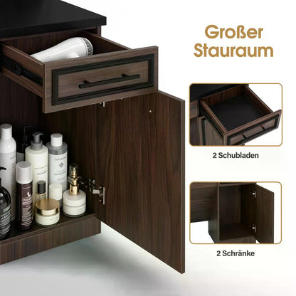BP Friseurplatz mit 2 Schubladen Schminktisch mit Spiegel Bedienungsplatz mit 6 Ablagen & 2 Schränken Spiegelschrank mit Beleuchtung Spiegeltisch Modern Friseureinrichtung J3131 (Braun)