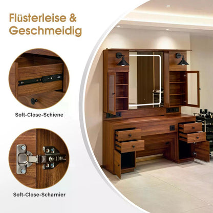 BP Friseurplatz mit 4 Schubladen Spiegel Bedienungsplatz mit 6 Ablagen & 2 Schränken Spiegelschrank mit Beleuchtung Spiegeltisch Friseureinrichtung J3140 (Braun)