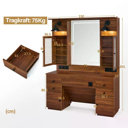 BP Friseurplatz mit 4 Schubladen Spiegel Bedienungsplatz mit 6 Ablagen & 2 Schränken Spiegelschrank mit Beleuchtung Spiegeltisch Friseureinrichtung J3140 (Braun)