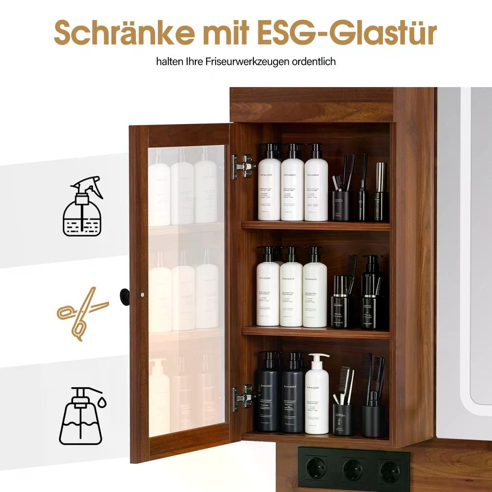 BP Friseurplatz mit 4 Schubladen Spiegel Bedienungsplatz mit 6 Ablagen & 2 Schränken Spiegelschrank mit Beleuchtung Spiegeltisch Friseureinrichtung J3140 (Braun)