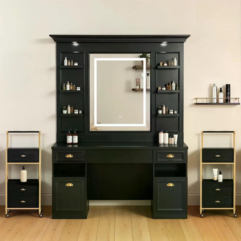 BP Friseurplatz mit 2 Schubladen mit Spiegel Bedienungsplatz mit 6 Ablagen & 2 Schränken Spiegelschrank mit Beleuchtung Spiegeltisch Modern Friseureinrichtung J3144 (Schwarz)