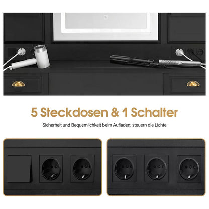 BP Friseurplatz mit 2 Schubladen mit Spiegel Bedienungsplatz mit 6 Ablagen & 2 Schränken Spiegelschrank mit Beleuchtung Spiegeltisch Modern Friseureinrichtung J3144 (Schwarz)