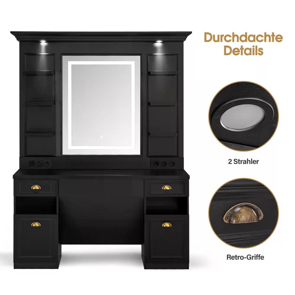 BP Friseurplatz mit 2 Schubladen mit Spiegel Bedienungsplatz mit 6 Ablagen & 2 Schränken Spiegelschrank mit Beleuchtung Spiegeltisch Modern Friseureinrichtung J3144 (Schwarz)
