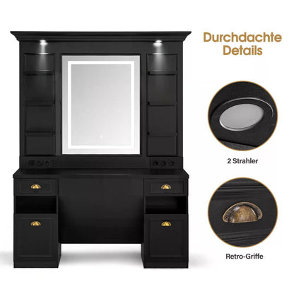 BP Friseurplatz mit 2 Schubladen mit Spiegel Bedienungsplatz mit 6 Ablagen & 2 Schränken Spiegelschrank mit Beleuchtung Spiegeltisch Modern Friseureinrichtung J3144 (Schwarz)
