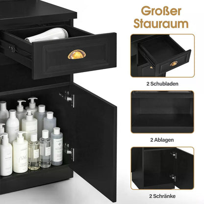 BP Friseurplatz mit 2 Schubladen mit Spiegel Bedienungsplatz mit 6 Ablagen & 2 Schränken Spiegelschrank mit Beleuchtung Spiegeltisch Modern Friseureinrichtung J3144 (Schwarz)
