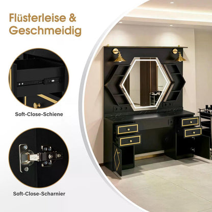 BP Friseurplatz mit 4 Schubladen Schminktisch mit Spiegel Bedienungsplatz mit 6 Ablagen & 2 Schränken Spiegelschrank mit Beleuchtung Spiegeltisch Friseureinrichtung J3158 (Schwarz-Gold)
