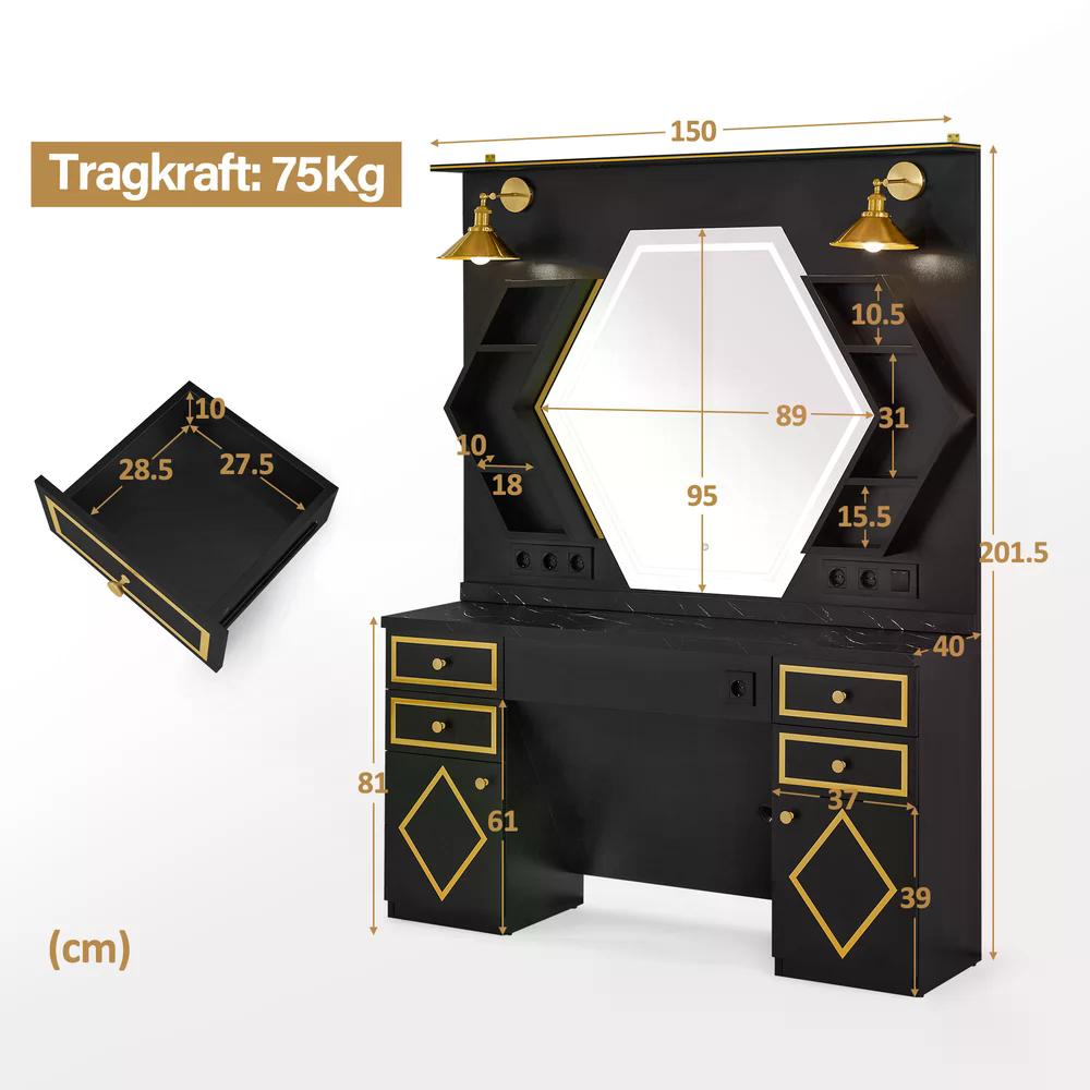BP Friseurplatz mit 4 Schubladen Schminktisch mit Spiegel Bedienungsplatz mit 6 Ablagen & 2 Schränken Spiegelschrank mit Beleuchtung Spiegeltisch Friseureinrichtung J3158 (Schwarz-Gold)