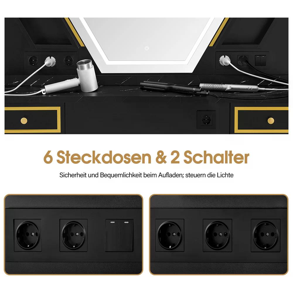 BP Friseurplatz mit 4 Schubladen Schminktisch mit Spiegel Bedienungsplatz mit 6 Ablagen & 2 Schränken Spiegelschrank mit Beleuchtung Spiegeltisch Friseureinrichtung J3158 (Schwarz-Gold)
