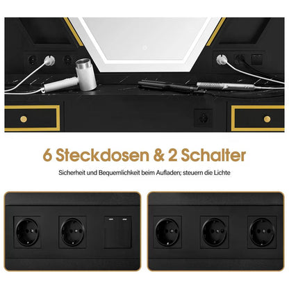 BP Friseurplatz mit 4 Schubladen Schminktisch mit Spiegel Bedienungsplatz mit 6 Ablagen & 2 Schränken Spiegelschrank mit Beleuchtung Spiegeltisch Friseureinrichtung J3158 (Schwarz-Gold)
