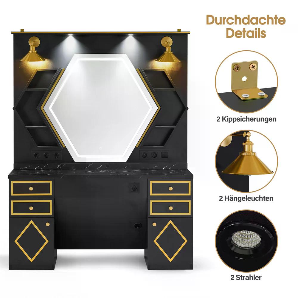BP Friseurplatz mit 4 Schubladen Schminktisch mit Spiegel Bedienungsplatz mit 6 Ablagen & 2 Schränken Spiegelschrank mit Beleuchtung Spiegeltisch Friseureinrichtung J3158 (Schwarz-Gold)