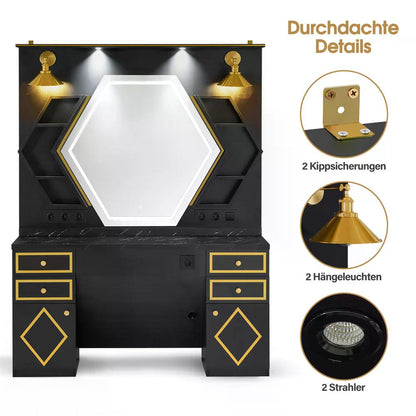 BP Friseurplatz mit 4 Schubladen Schminktisch mit Spiegel Bedienungsplatz mit 6 Ablagen & 2 Schränken Spiegelschrank mit Beleuchtung Spiegeltisch Friseureinrichtung J3158 (Schwarz-Gold)