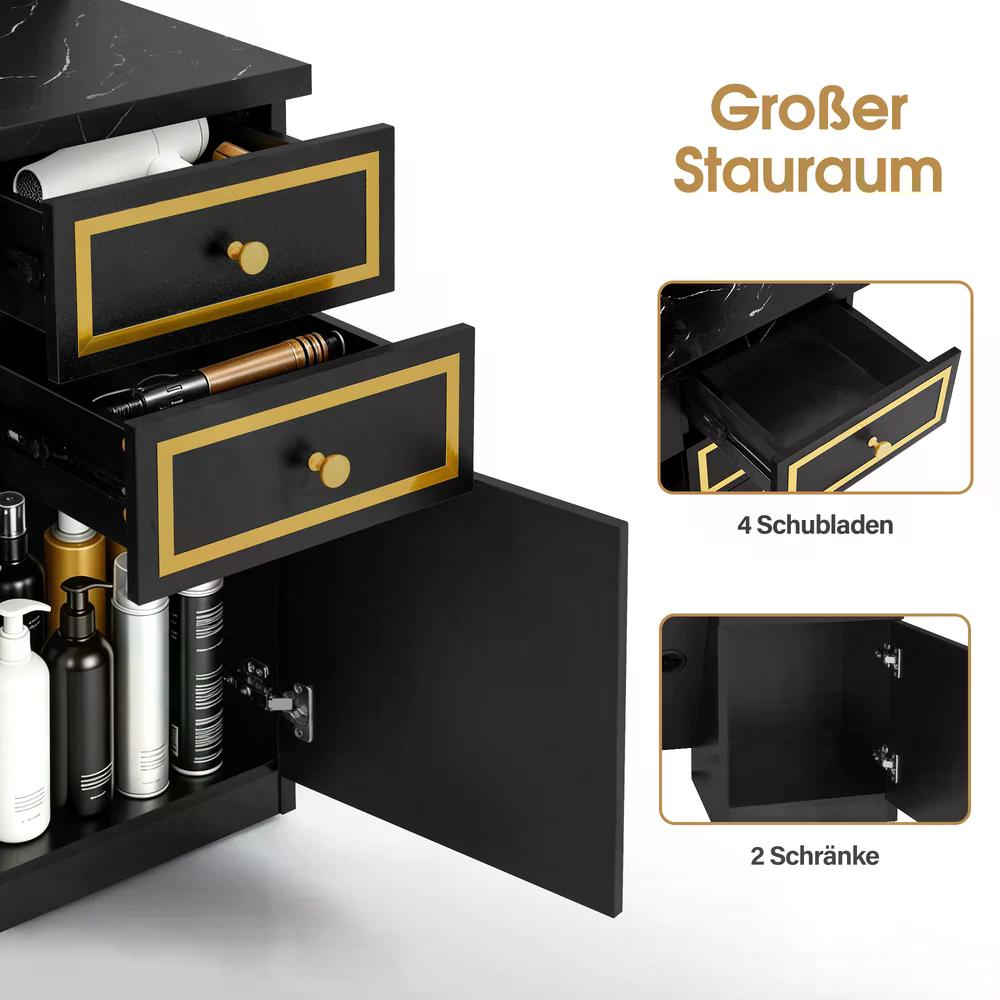 BP Friseurplatz mit 4 Schubladen Schminktisch mit Spiegel Bedienungsplatz mit 6 Ablagen & 2 Schränken Spiegelschrank mit Beleuchtung Spiegeltisch Friseureinrichtung J3158 (Schwarz-Gold)