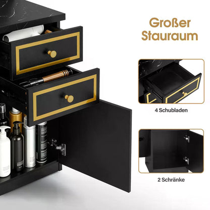 BP Friseurplatz mit 4 Schubladen Schminktisch mit Spiegel Bedienungsplatz mit 6 Ablagen & 2 Schränken Spiegelschrank mit Beleuchtung Spiegeltisch Friseureinrichtung J3158 (Schwarz-Gold)