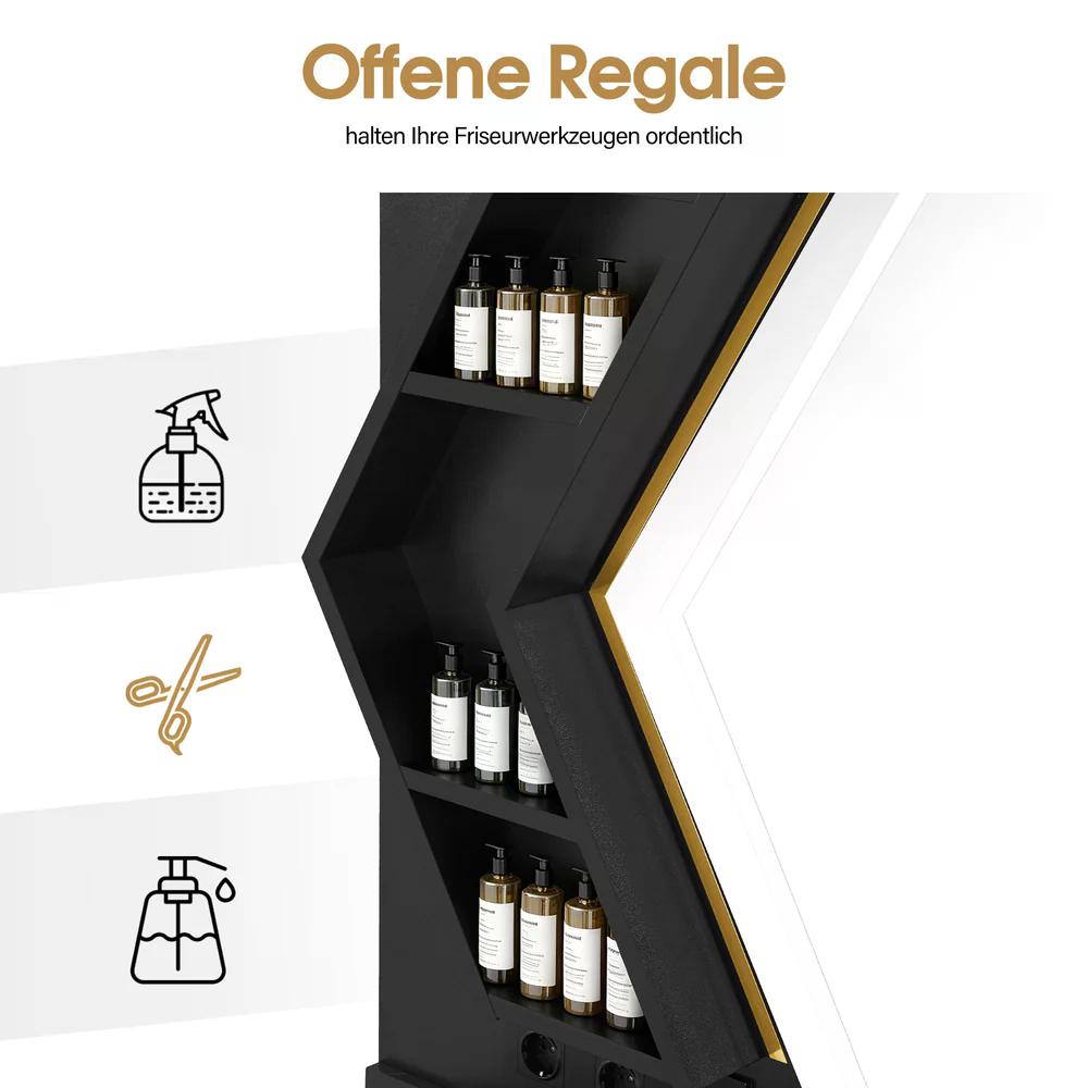 BP Friseurplatz mit 4 Schubladen Schminktisch mit Spiegel Bedienungsplatz mit 6 Ablagen & 2 Schränken Spiegelschrank mit Beleuchtung Spiegeltisch Friseureinrichtung J3158 (Schwarz-Gold)