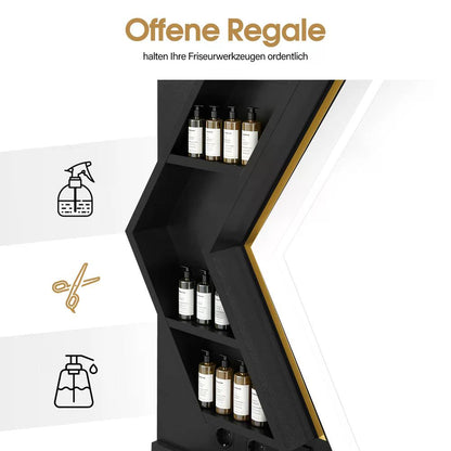 BP Friseurplatz mit 4 Schubladen Schminktisch mit Spiegel Bedienungsplatz mit 6 Ablagen & 2 Schränken Spiegelschrank mit Beleuchtung Spiegeltisch Friseureinrichtung J3158 (Schwarz-Gold)