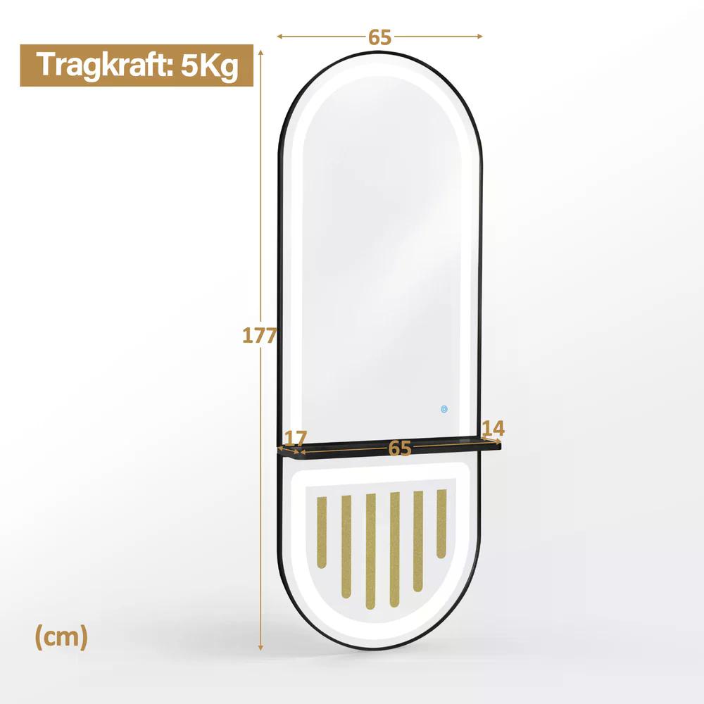 BP Wandspiegel mit Beleuchtung Ganzkörperspiegel mit Aluminiumrahmen Spiegel Groß mit Ablage Touch-Schalter 3 Lichtfarben Dimmbar Mondern für Friseursalon 17x65x177 cm J6257