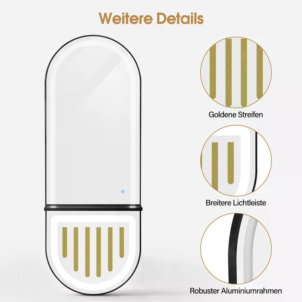BP Wandspiegel mit Beleuchtung Ganzkörperspiegel mit Aluminiumrahmen Spiegel Groß mit Ablage Touch-Schalter 3 Lichtfarben Dimmbar Mondern für Friseursalon 17x65x177 cm J6257