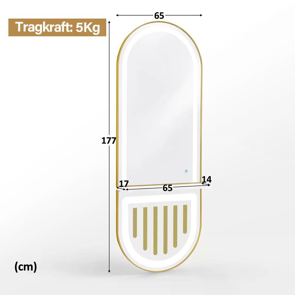 BP Wandspiegel mit Beleuchtung Ganzkörperspiegel mit Aluminiumrahmen Spiegel Groß mit Ablage Touch-Schalter 3 Lichtfarben Dimmbar Mondern für Friseursalon 17x65x177 cm J6257