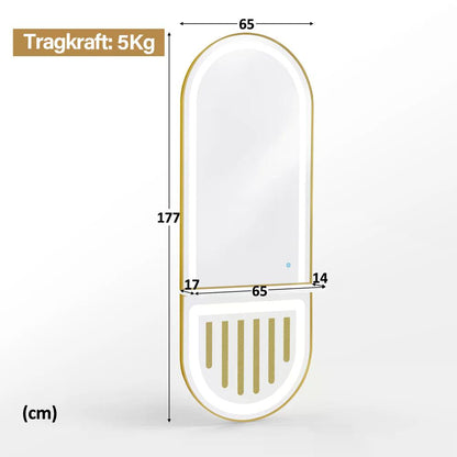 BP Wandspiegel mit Beleuchtung Ganzkörperspiegel mit Aluminiumrahmen Spiegel Groß mit Ablage Touch-Schalter 3 Lichtfarben Dimmbar Mondern für Friseursalon 17x65x177 cm J6257