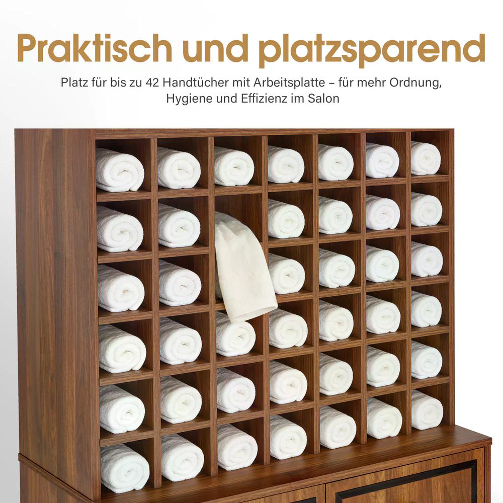 BP Handtuchschrank mit 2 Schubladen 42 offenen Fächern 4 Schränken Badezimmerschrank Hochschrank Aufbewahrungsschrank Holz für Friseursalon Schönheitssalon R6194 R6179