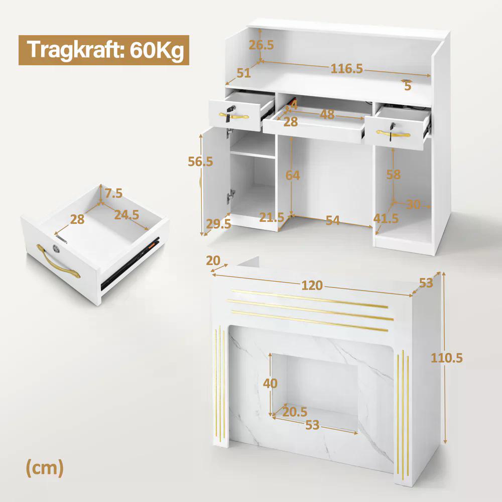 BP Empfangstheke mit 3 Schubladen 2 Schränken Beleuchtung abschließbar Rezeptionstheke Kassentheke für Friseursalon 53x120x110,5 cm R9750 Weiß