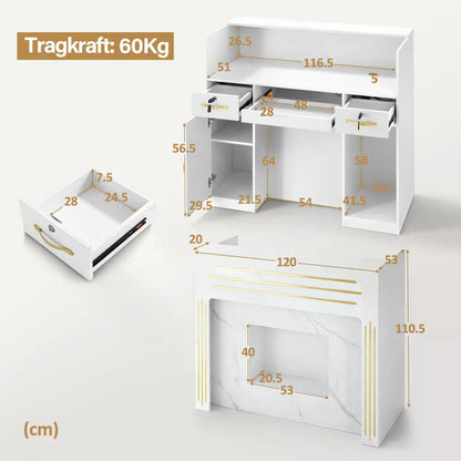 BP Empfangstheke mit 3 Schubladen 2 Schränken Beleuchtung abschließbar Rezeptionstheke Kassentheke für Friseursalon 53x120x110,5 cm R9750 Weiß