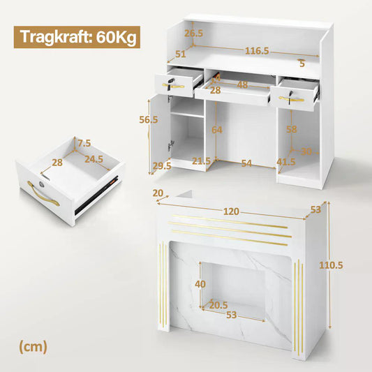 BP Empfangstheke mit 3 Schubladen 2 Schränken Beleuchtung abschließbar Rezeptionstheke Kassentheke für Friseursalon 53x120x110,5 cm R9750 Weiß