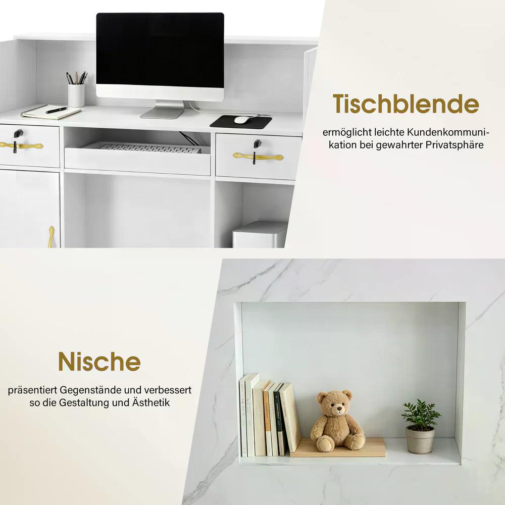 BP Empfangstheke mit 3 Schubladen 2 Schränken Beleuchtung abschließbar Rezeptionstheke Kassentheke für Friseursalon 53x120x110,5 cm R9750 Weiß