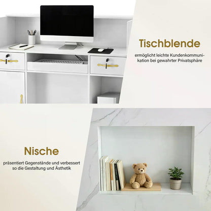 BP Empfangstheke mit 3 Schubladen 2 Schränken Beleuchtung abschließbar Rezeptionstheke Kassentheke für Friseursalon 53x120x110,5 cm R9750 Weiß