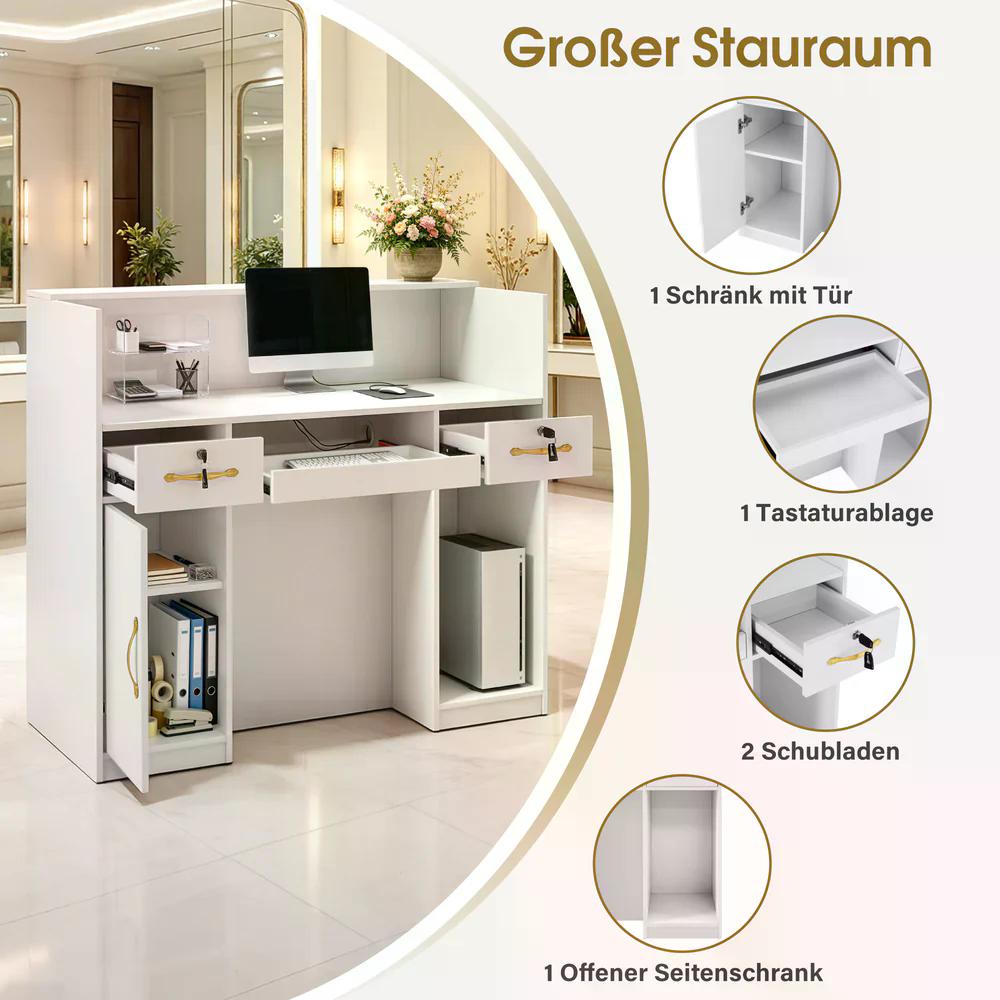 BP Empfangstheke mit 3 Schubladen 2 Schränken Beleuchtung abschließbar Rezeptionstheke Kassentheke für Friseursalon 53x120x110,5 cm R9750 Weiß