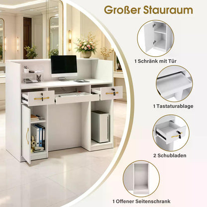 BP Empfangstheke mit 3 Schubladen 2 Schränken Beleuchtung abschließbar Rezeptionstheke Kassentheke für Friseursalon 53x120x110,5 cm R9750 Weiß
