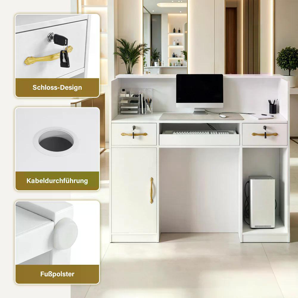 BP Empfangstheke mit 3 Schubladen 2 Schränken Beleuchtung abschließbar Rezeptionstheke Kassentheke für Friseursalon 53x120x110,5 cm R9750 Weiß