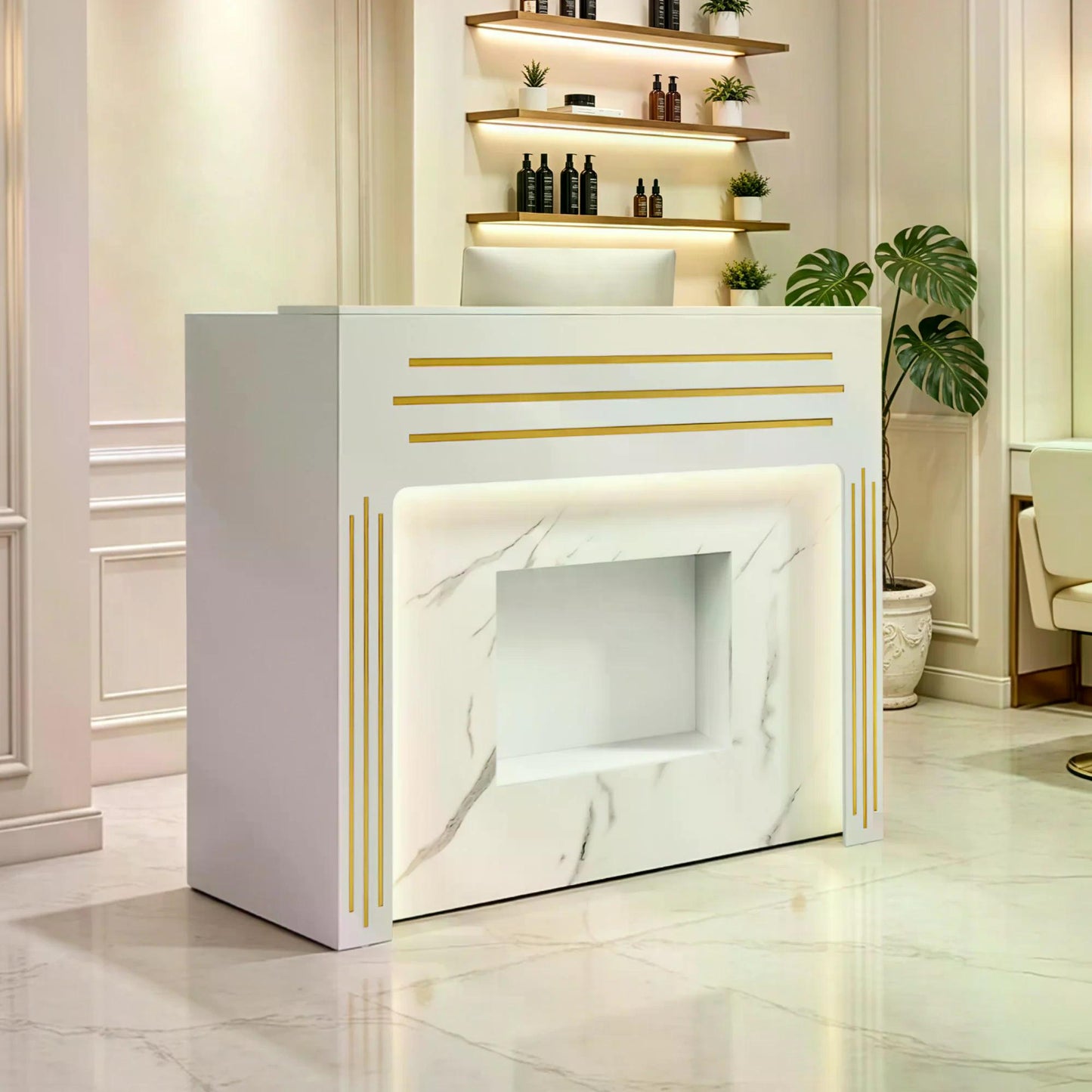 BP Empfangstheke mit 3 Schubladen 2 Schränken Beleuchtung abschließbar Rezeptionstheke Kassentheke für Friseursalon 53x120x110,5 cm R9750 Weiß