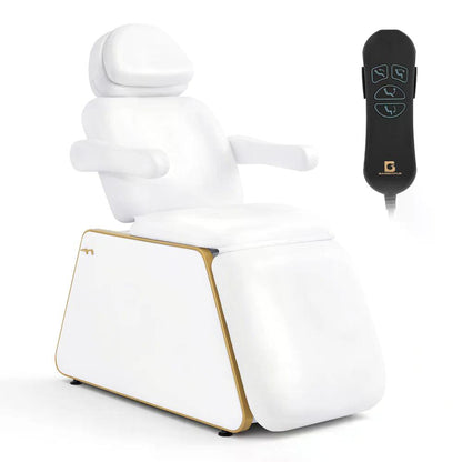 BP Kosmetikliege Elektrisch mit 2 Motoren Kopfstütze 16 cm ausziehbar 180° Drehbare Armlehnen Massageliege 80 cm breit Tattoo Liege für SPA Salon 0739 Weiß Kunstleder