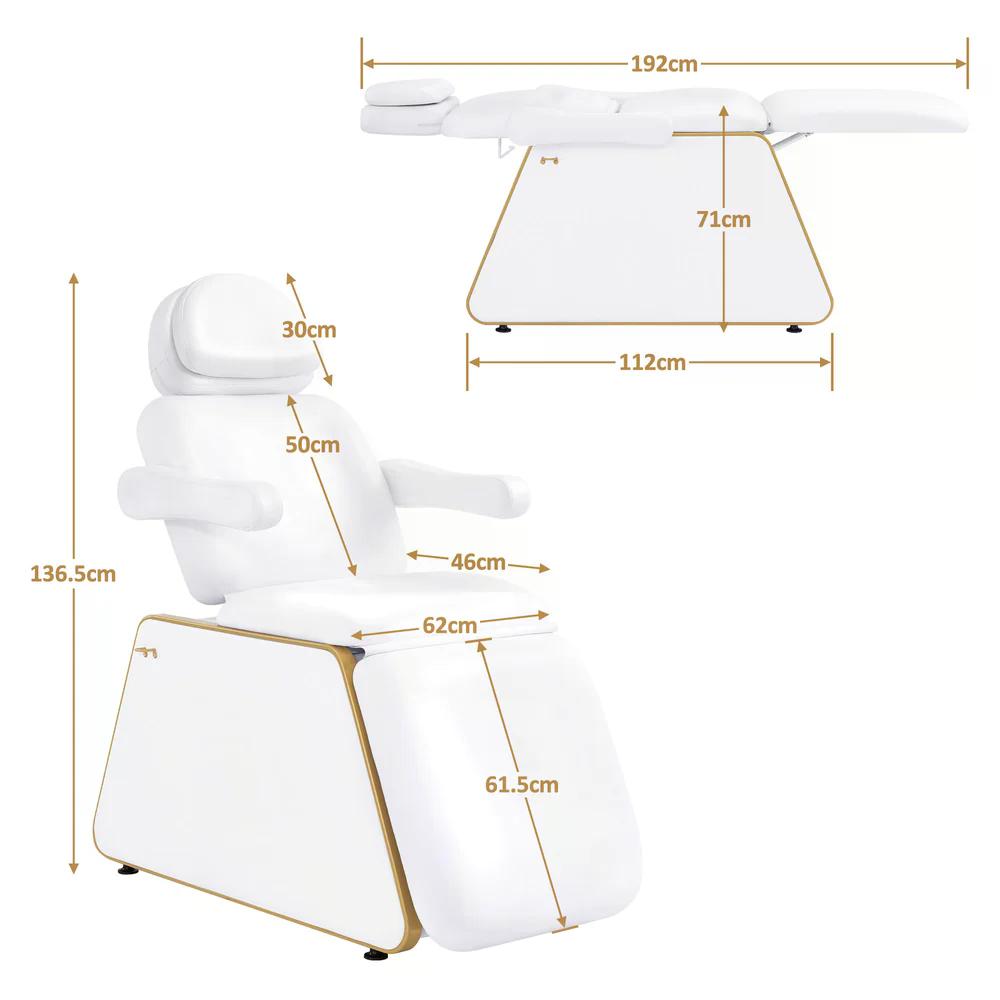 BP Kosmetikliege Elektrisch mit 2 Motoren Kopfstütze 16 cm ausziehbar 180° Drehbare Armlehnen Massageliege 80 cm breit Tattoo Liege für SPA Salon 0739 Weiß Kunstleder