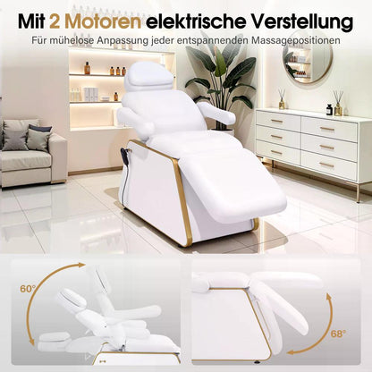 BP Kosmetikliege Elektrisch mit 2 Motoren Kopfstütze 16 cm ausziehbar 180° Drehbare Armlehnen Massageliege 80 cm breit Tattoo Liege für SPA Salon 0739 Weiß Kunstleder